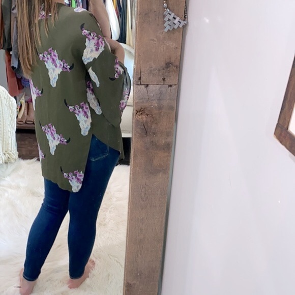 Peach Love green Texas longhorn floral print kimono size small - Picture 8 of 11